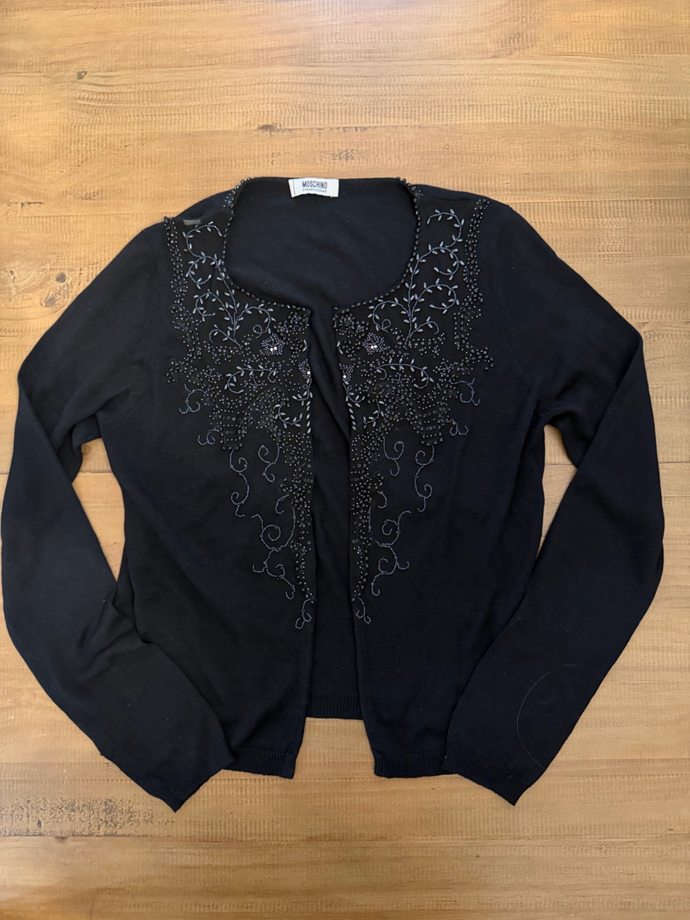 Moschino Cheap and Chic 100% Silk Black Beaded Floral Accent Cardigan